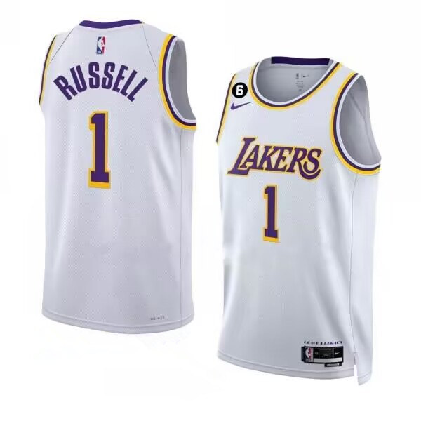 Men's Los Angeles Lakers #1 D’Angelo Russell 2022-23 White With NO.6 Patch Association Edition Swingman Stitched Basketball Jersey Men's Los Angeles Lakers #1 D’Angelo Russell 2022-23 White With NO.6 Patch Association Edition Swingman Stitched Basketball Jersey